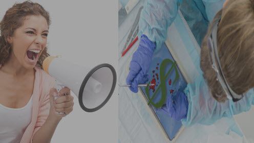 woman yelling into Megaphone At Woman Dissecting Dollar